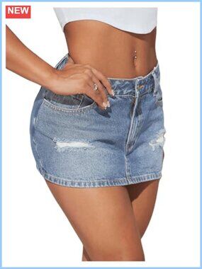 Ripped Low Rise Button Zip Denim Mini Jean Skirt
